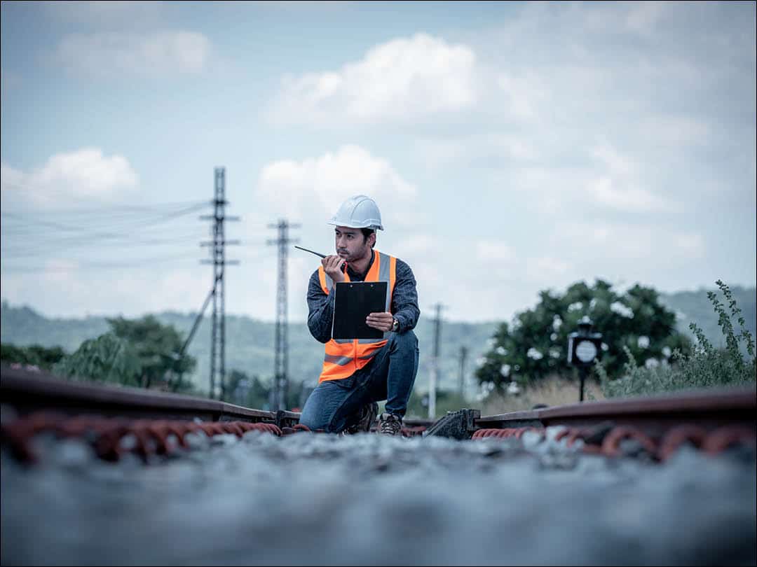 Rail engineer checking the quality of the rail line